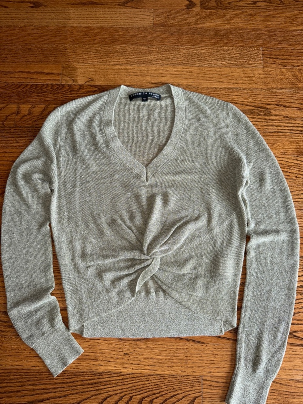 Veronica Beard Taupe V-Neck Twist-Knot Sweater